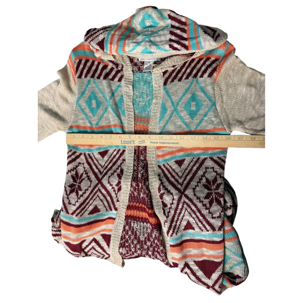 Demanding Womens M Aztec Cardigan Duster Hooded Fringe Southwestern Boho - Picture 5 of 11